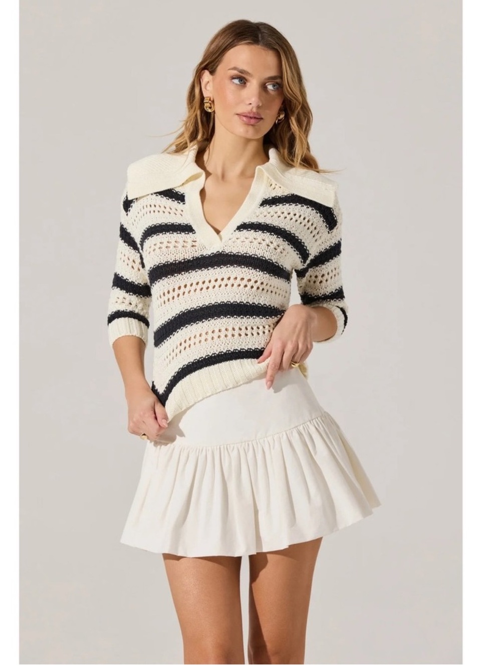 Astr the Label Stripe Open Stitch Cotton Blend Polo Sweater Preppy Coastal